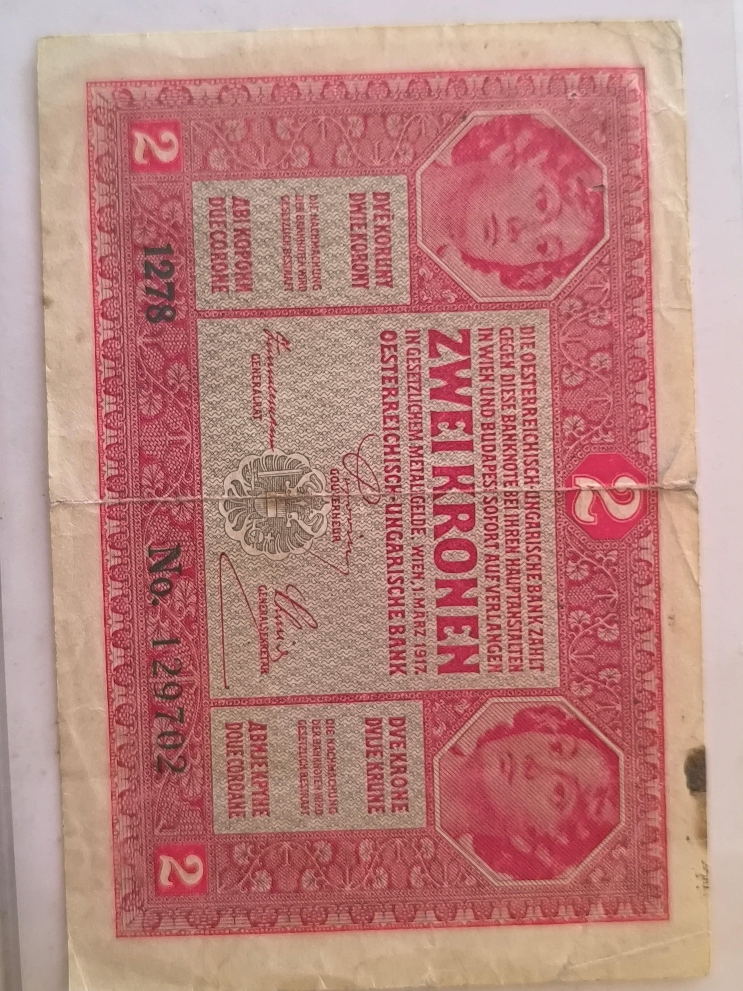 2 coronas (Két Korona) del Imperio austrohúngaro, emitido originalmente el 1 de marzo de 1917.