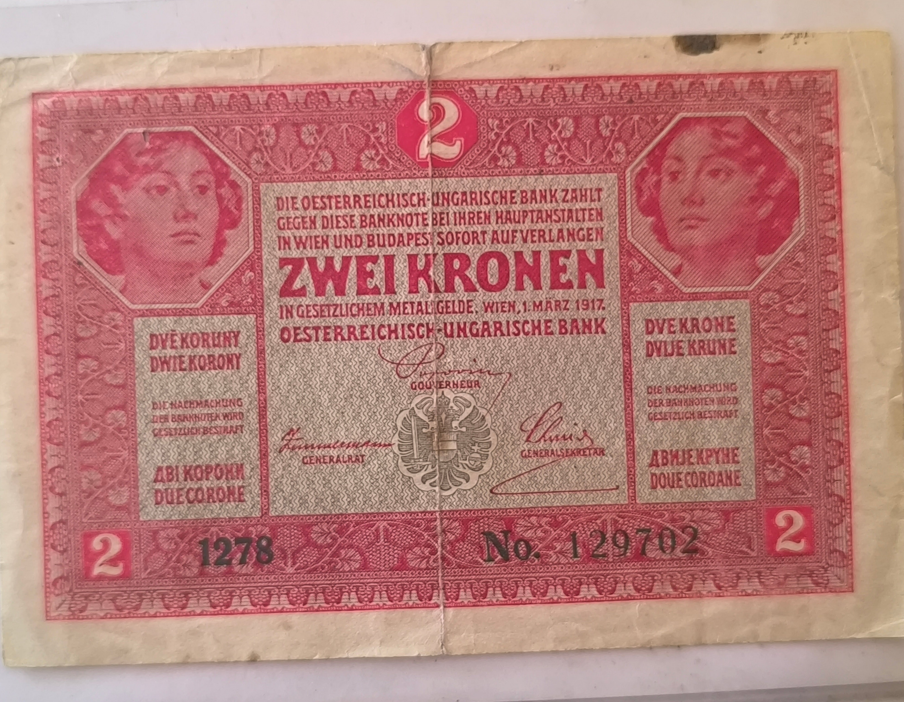 2 coronas (Két Korona) del Imperio austrohúngaro, emitido originalmente el 1 de marzo de 1917.