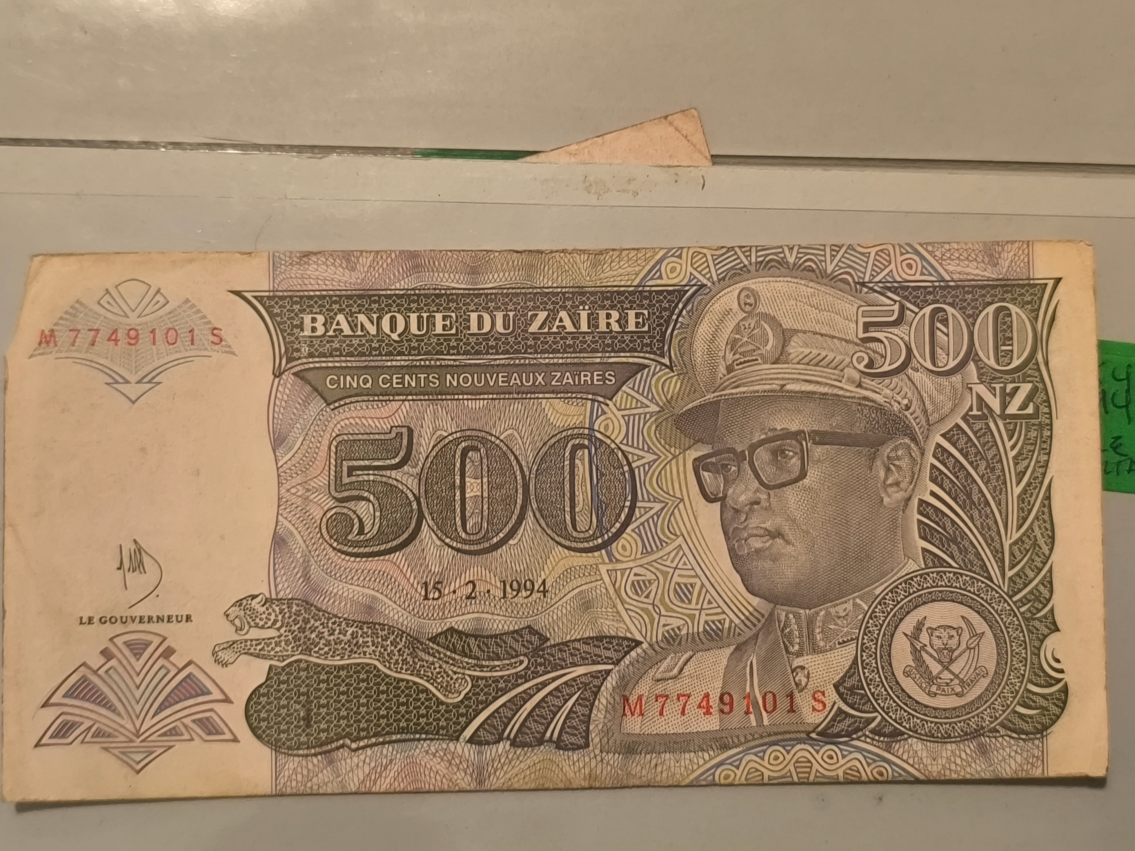500 Nouveaux Zaïres (Nuevos Zaires) de la República del Zaire, emitido el 15 de febrero de 1994.