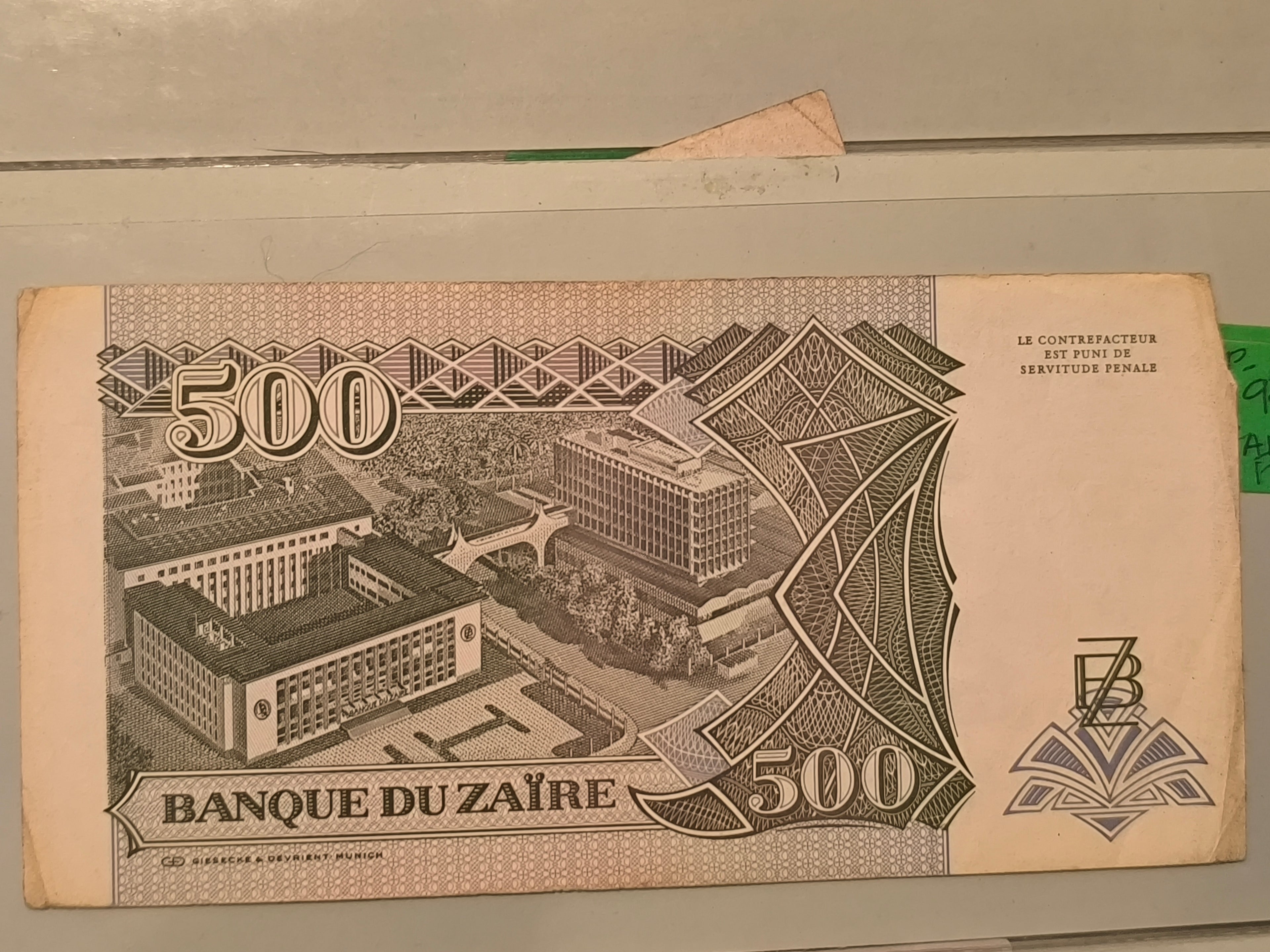 500 Nouveaux Zaïres (Nuevos Zaires) de la República del Zaire, emitido el 15 de febrero de 1994.