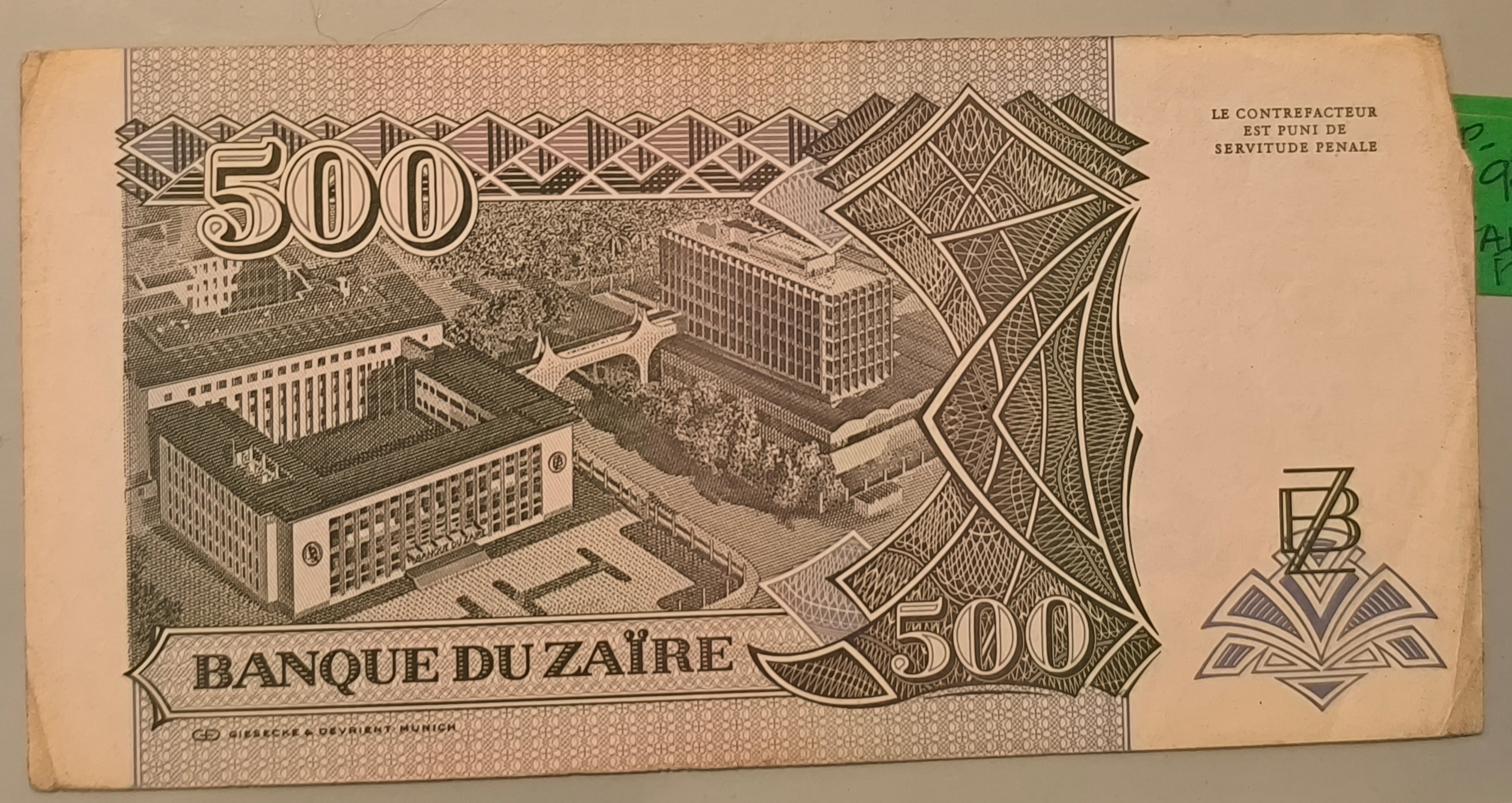 500 Nouveaux Zaïres (Nuevos Zaires) de la República del Zaire, emitido el 15 de febrero de 1994.